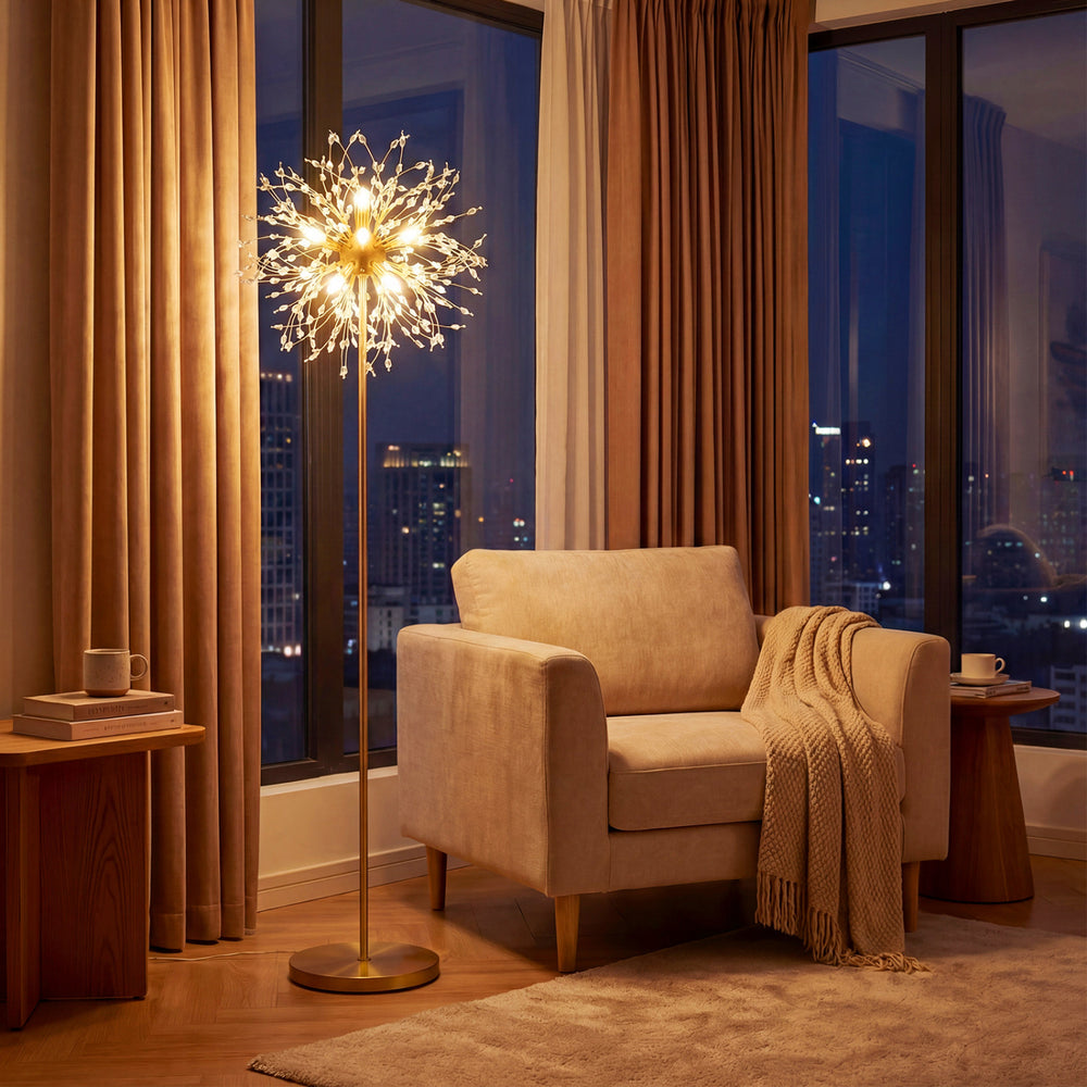 63-inch crystal floor lamp with dandelion design and acrylic crystals, perfect for living rooms or bedrooms.