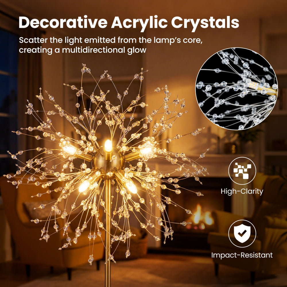 63-inch gold crystal floor lamp featuring dandelion design with high-clarity acrylic crystals, ideal for living rooms.
