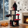 Gothic cat tree in black and red featuring a condo, top cave, and sisal posts for large cats up to 22 lbs.