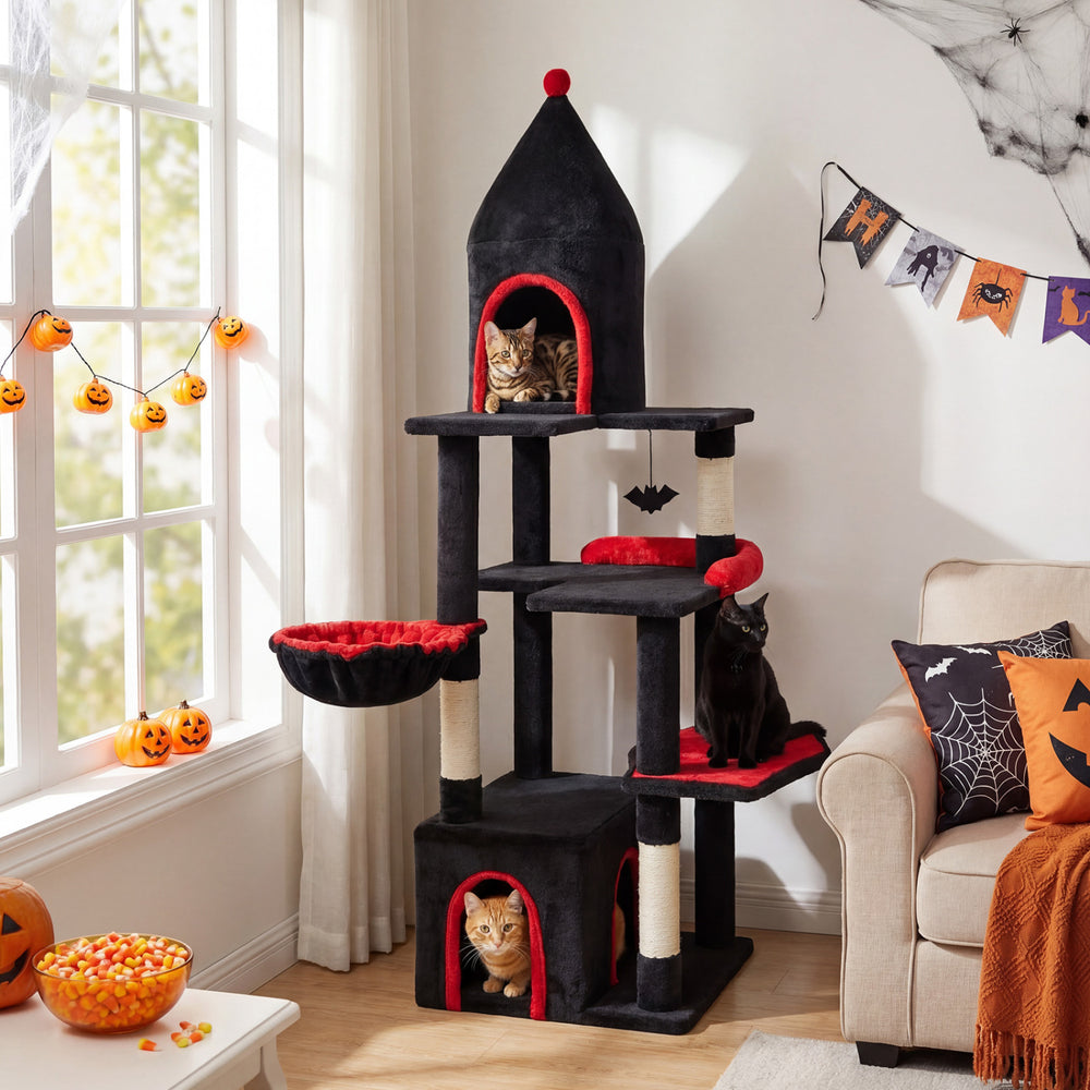 Gothic cat tree in black and red with condo, top cave, and sisal posts, perfect for large cats up to 22 lbs.