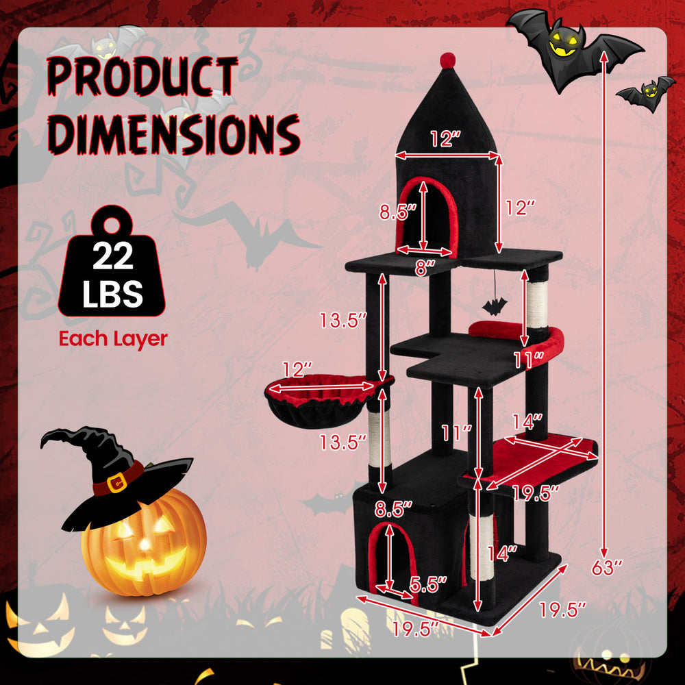 Gothic cat tree dimensions with 5 layers, black-and-red design, and condo for large cats up to 22 lbs.