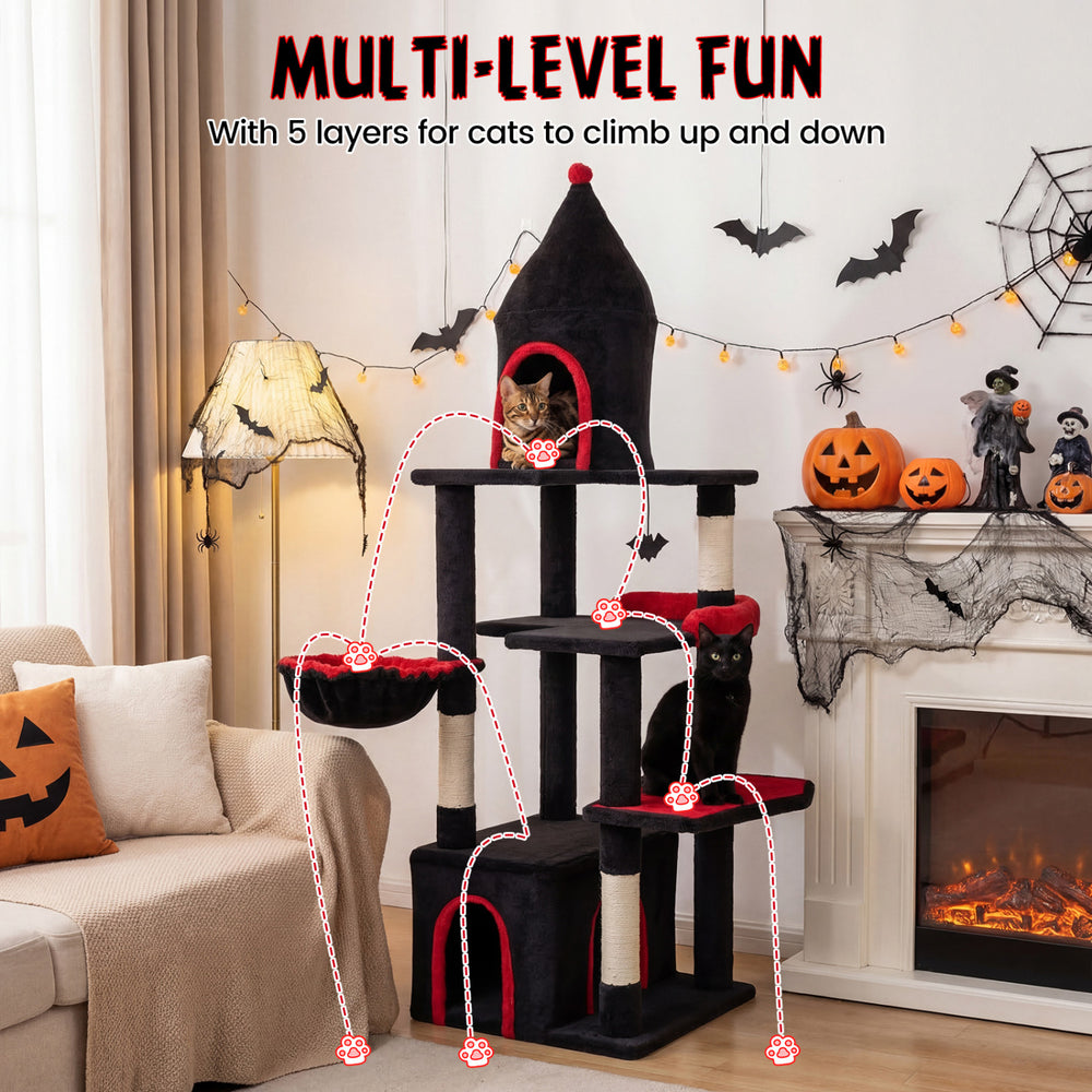 Gothic cat tree in black and red with 5 layers, condo, and bat toy for large cats up to 22 lbs, perfect for climbing.