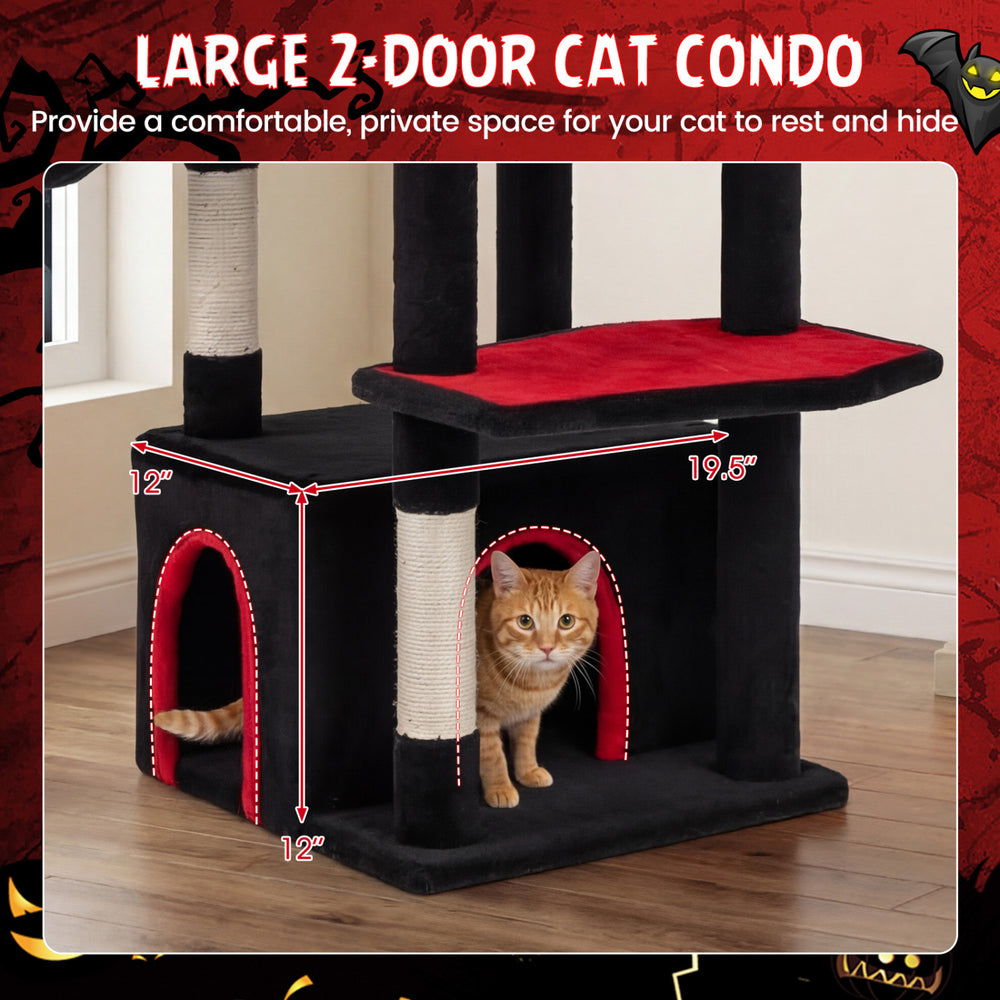 Large 2-door cat condo with plush covering, natural sisal posts, and Gothic design for comfortable cat lounging.