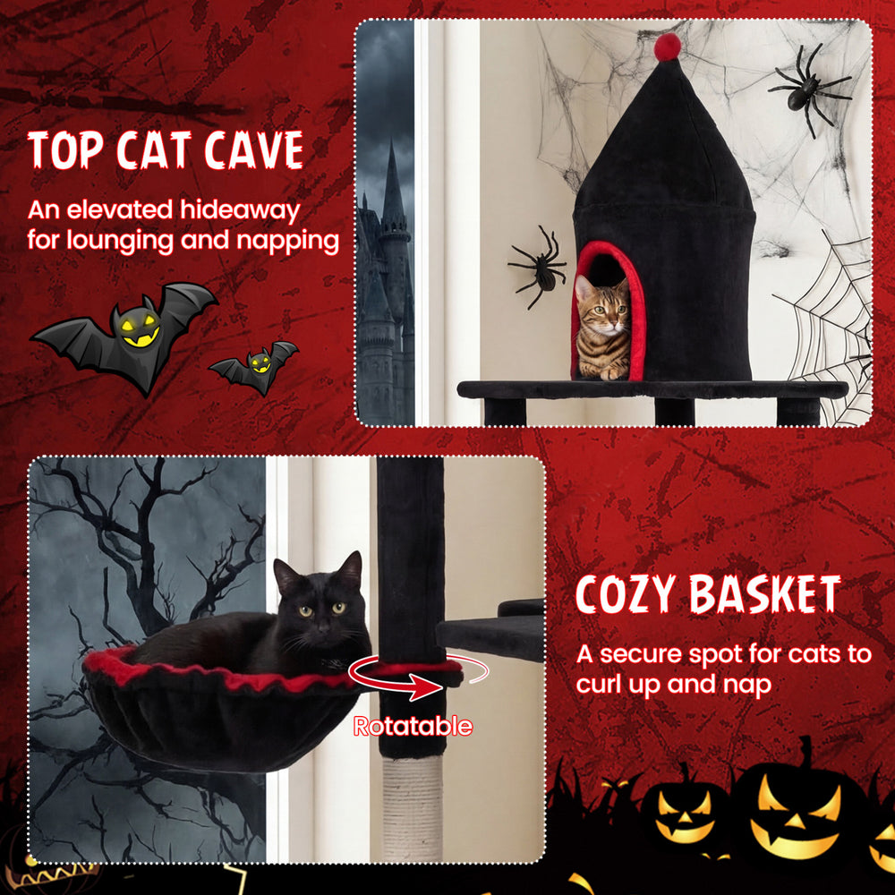 Gothic cat tree featuring a cozy basket and elevated cave, designed for large cats over 20 lbs, in black and red.