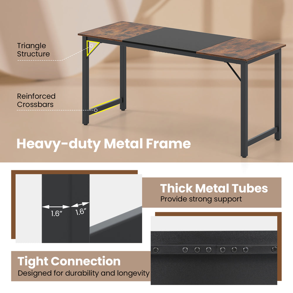 Modern 63-inch computer desk with a heavy-duty steel frame, featuring a rustic brown and black design for versatile use.