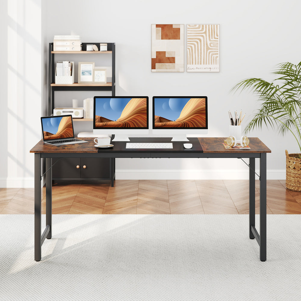 Modern 63-inch computer desk with a rustic brown and black finish, featuring a sturdy steel frame for home or office.