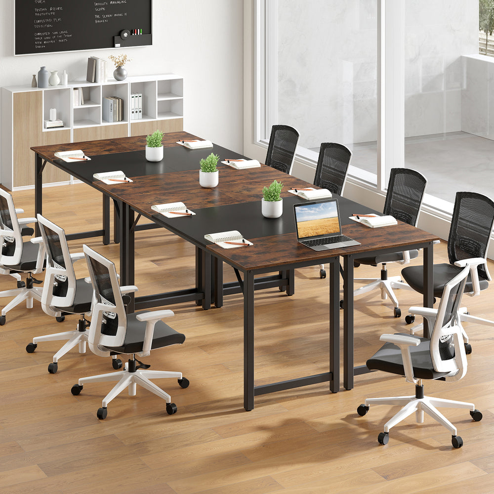 Modern 63-inch splice computer desk with a rustic brown and black finish, ideal for office or conference room use.