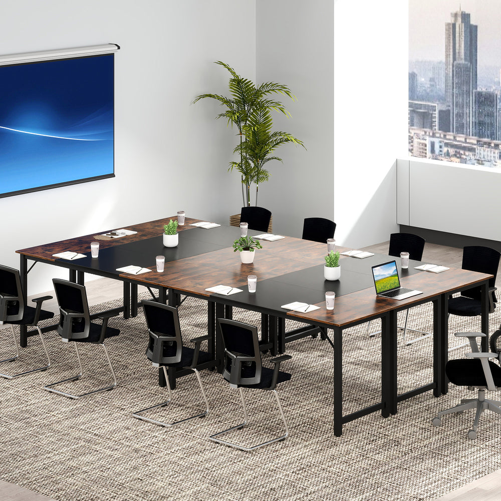 Modern 63-inch splice computer desk with a rustic brown and black finish, featuring a sturdy steel frame for office use.