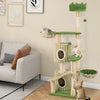 Multi-level 63-inch kitten tower in green with two condos, hammocks, and scratching posts for playful cats.