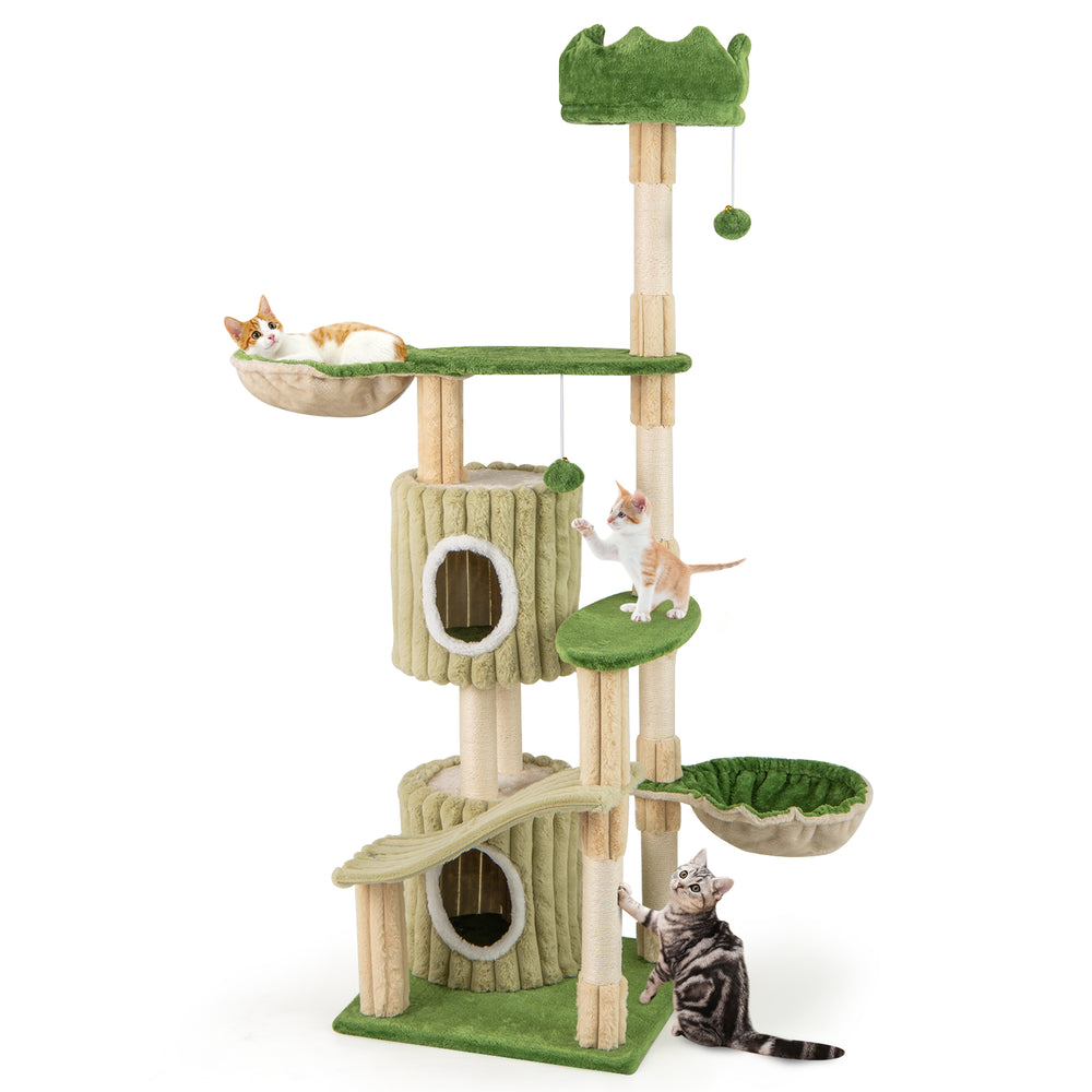 Multi-level green kitten tower with two condos, hammocks, and scratching posts for playful lounging and observation.