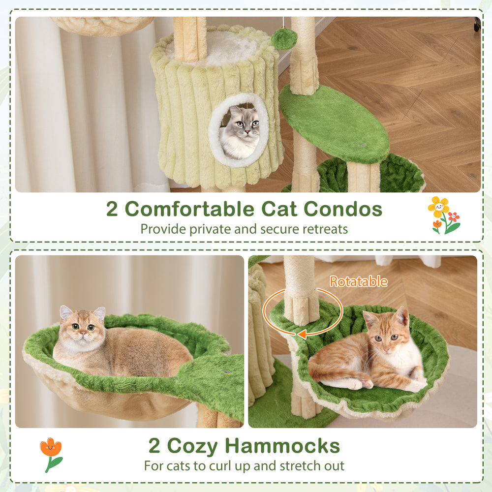 Multi-level kitten tower with 2 green condos and 2 cozy hammocks, perfect for lounging and scratching.