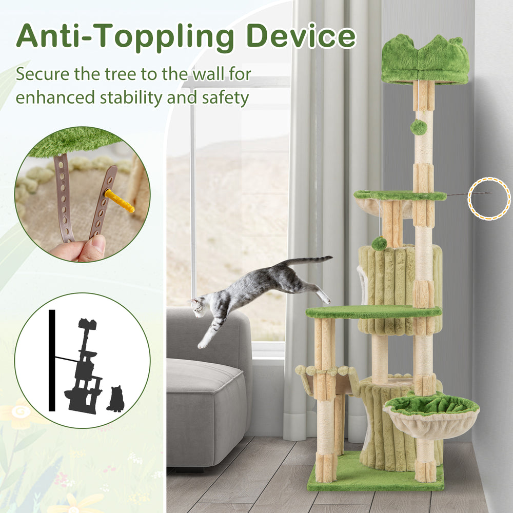 Multi-level 63-inch kitten tower in green with condos, hammocks, and anti-toppling device for stability and safety.