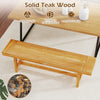 Solid teak wood bench, 63 inches long, comfortably seats 3 people, ideal for dining or entryway use.