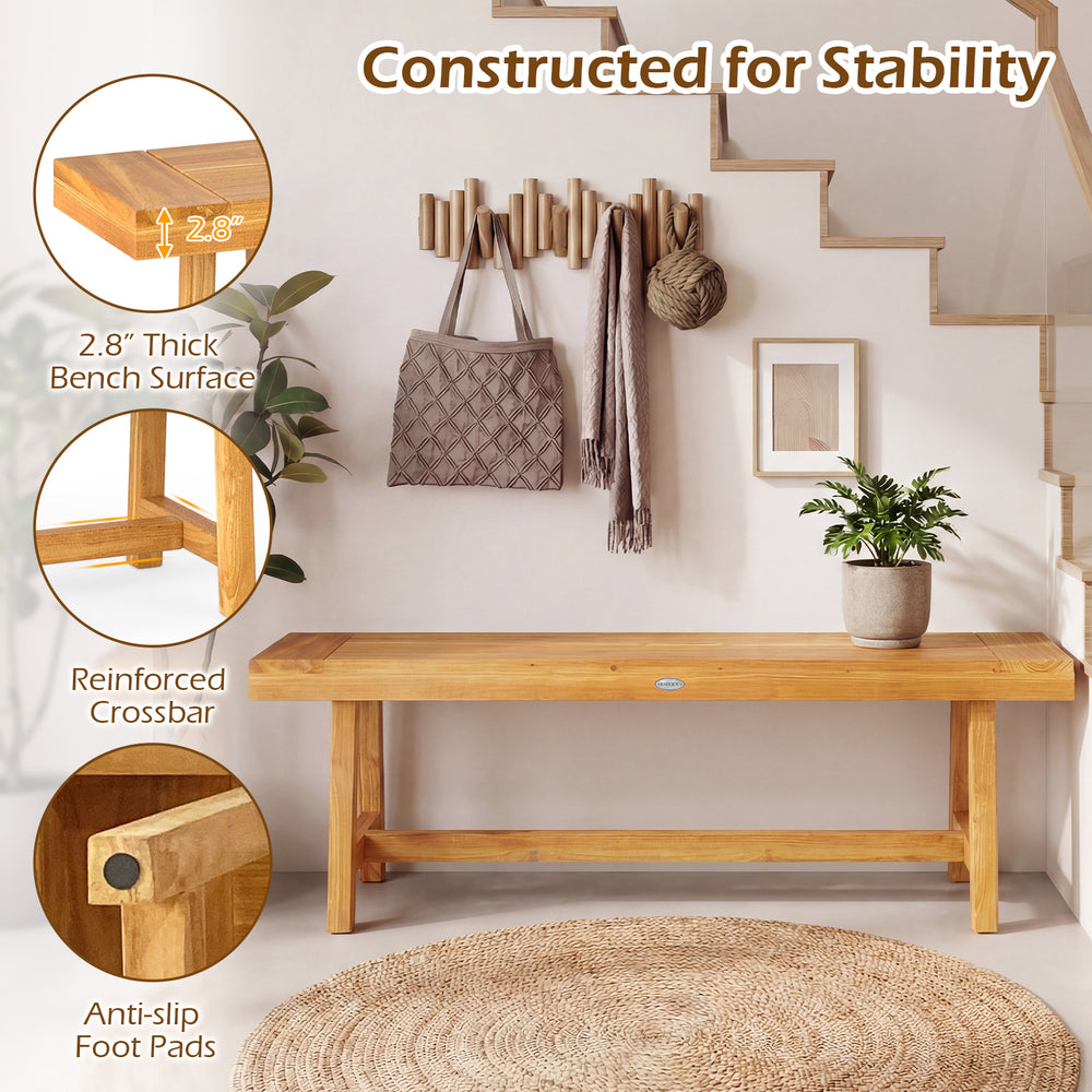 Solid wood bench with natural grain, 63-inch length for 3 people, ideal for dining or entryway use, featuring anti-slip.