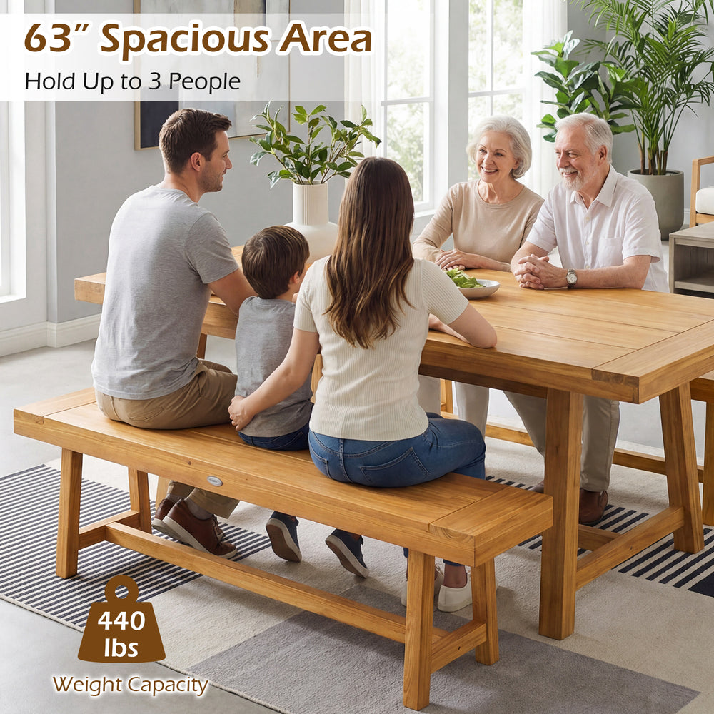 Solid wood bench, 63 inches long, seating up to 3 people, ideal for dining and gatherings with natural teak finish.