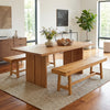 Solid wood bench made of teak, 63 inches long, seating up to 3 people, perfect for dining or entryway use.