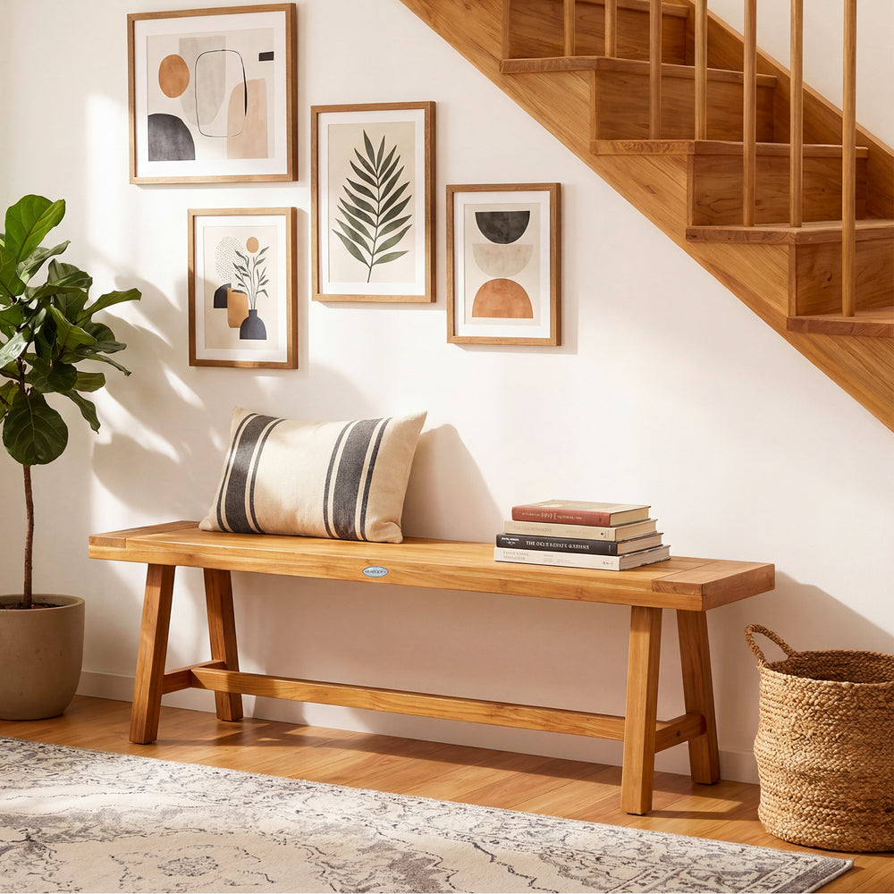 Solid wood bench in a living room setting, featuring teak wood, natural grain, and seating for up to 3 people.