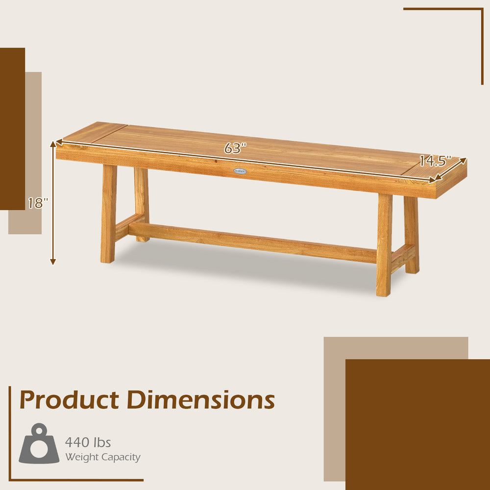63-inch solid wood bench in teak finish, designed for 3 people, ideal for dining or entryway use, with anti-slip foot.