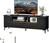 Black 63-inch TV stand showcasing adjustable shelves, elegant faux marble top, and quiet flip door cabinet design.