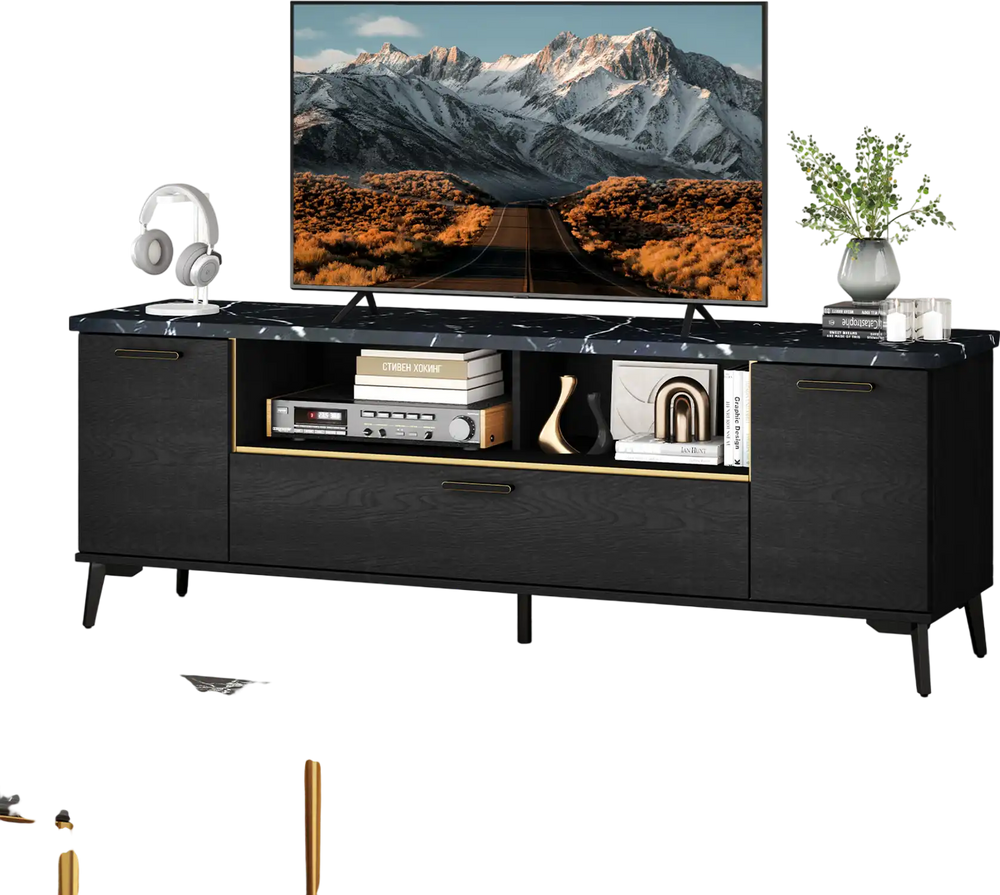 Black 63-inch TV stand showcasing adjustable shelves, elegant faux marble top, and quiet flip door cabinet design.