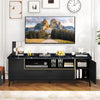 63-inch black TV stand featuring a spacious tabletop, flip door cabinet, and elegant faux marble design for modern.