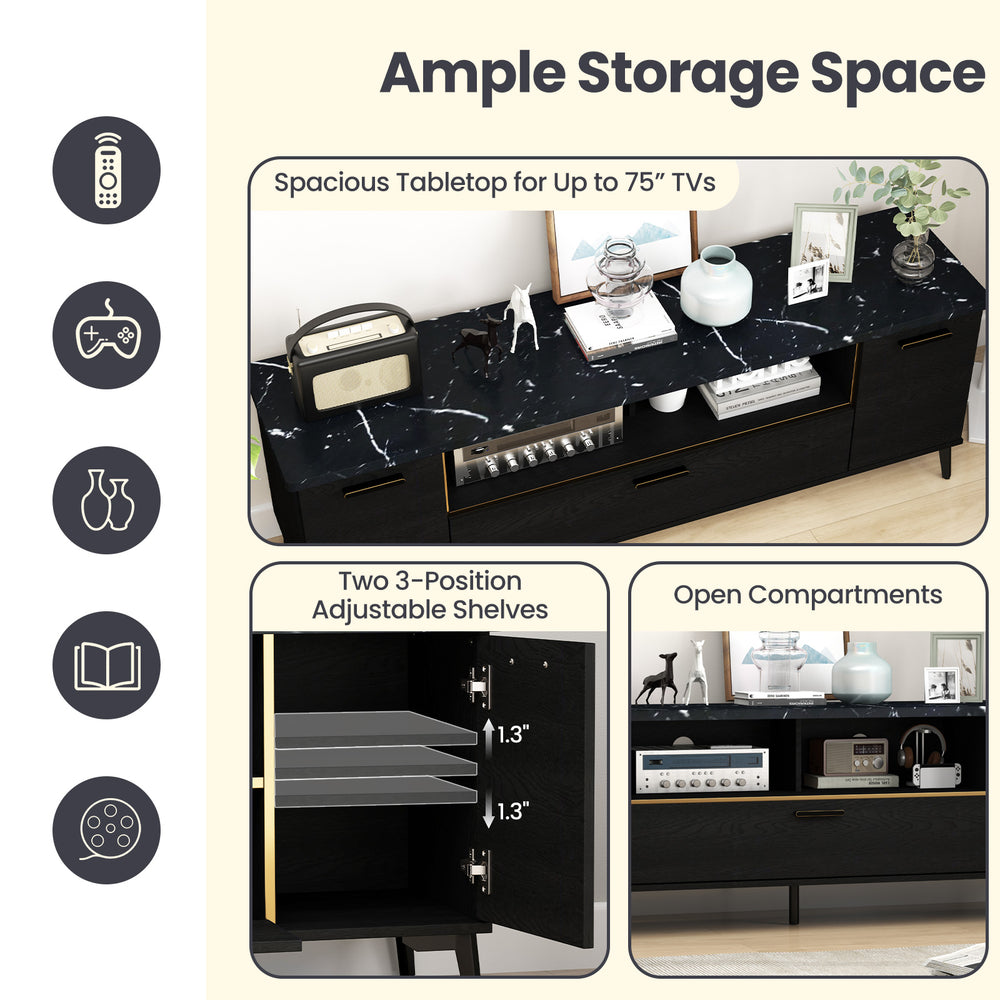 63-inch black TV stand with faux marble top, flip door cabinet, and adjustable shelves for organized media storage.