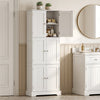 Tall white bathroom storage cabinet with six doors and adjustable shelves, perfect for organizing various items.
