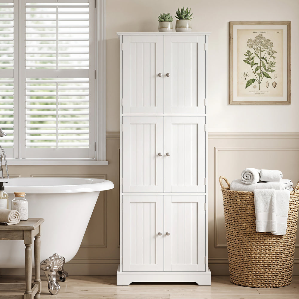 Tall white bathroom storage cabinet with a sleek design and six doors, providing ample space for organizing essentials.