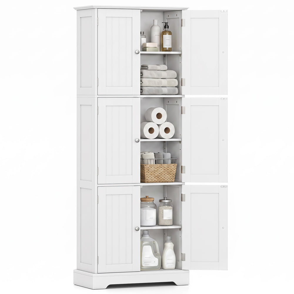 Tall white bathroom storage cabinet featuring 6 doors and 3 adjustable shelves for versatile organization and easy access.
