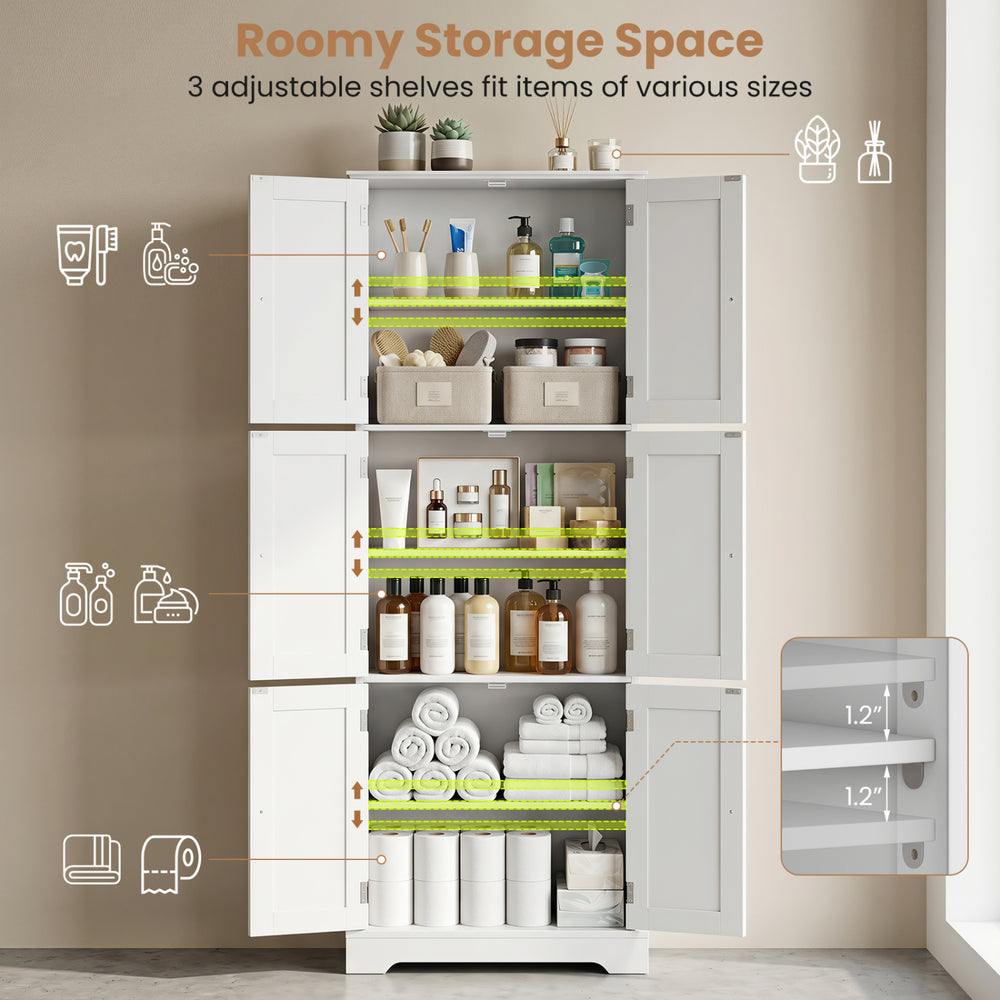 Tall white bathroom storage cabinet with 6 doors and 3 adjustable shelves for versatile organization in any space.
