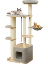 Modern 63-inch tall cat tree with gray cushions, featuring a cozy perch, hammock, and scratching posts for playful cats.