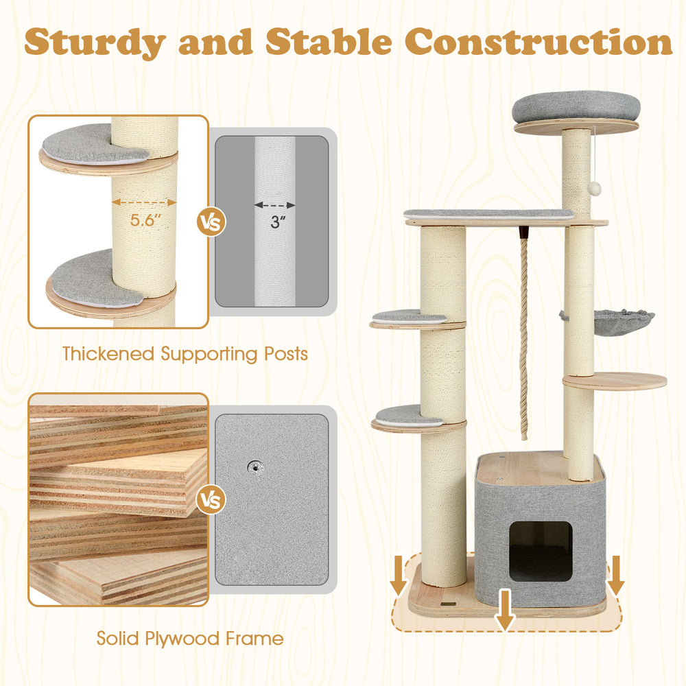 63-inch tall cat tree with a solid plywood frame, featuring a cozy perch, hammock, and scratching posts for playful.