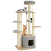 Modern 63-inch tall cat tree with gray cushions, featuring a condo, hammock, and scratching posts for playful.