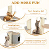 Plush dangling ball and hanging rope on a 63-inch tall gray cat tree for interactive play and physical activity.