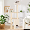 Wooden cat tree with 2-story condo, plush top perch, and scratching posts for climbing and lounging. Ideal for multiple.