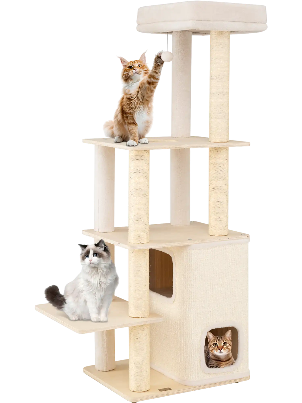 Tall wooden cat tree with plush top perch, 2-story condo, and multiple scratching posts for climbing and lounging.