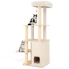Tall wooden cat tree with plush top perch, 2-story condo, and scratching posts for climbing and lounging.
