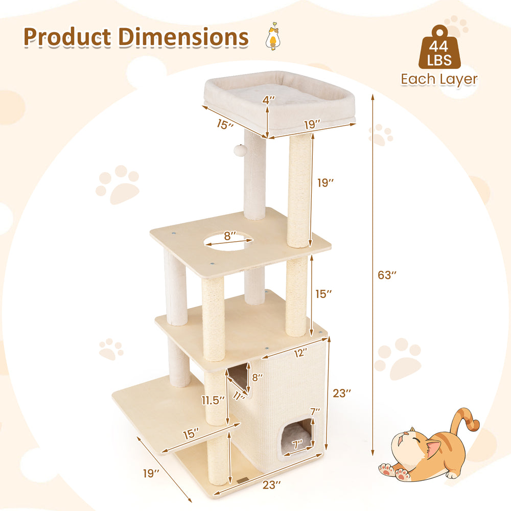 Dimensions of the 63-inch tall wooden cat tree with 2-story condo, plush top perch, and scratching posts for.