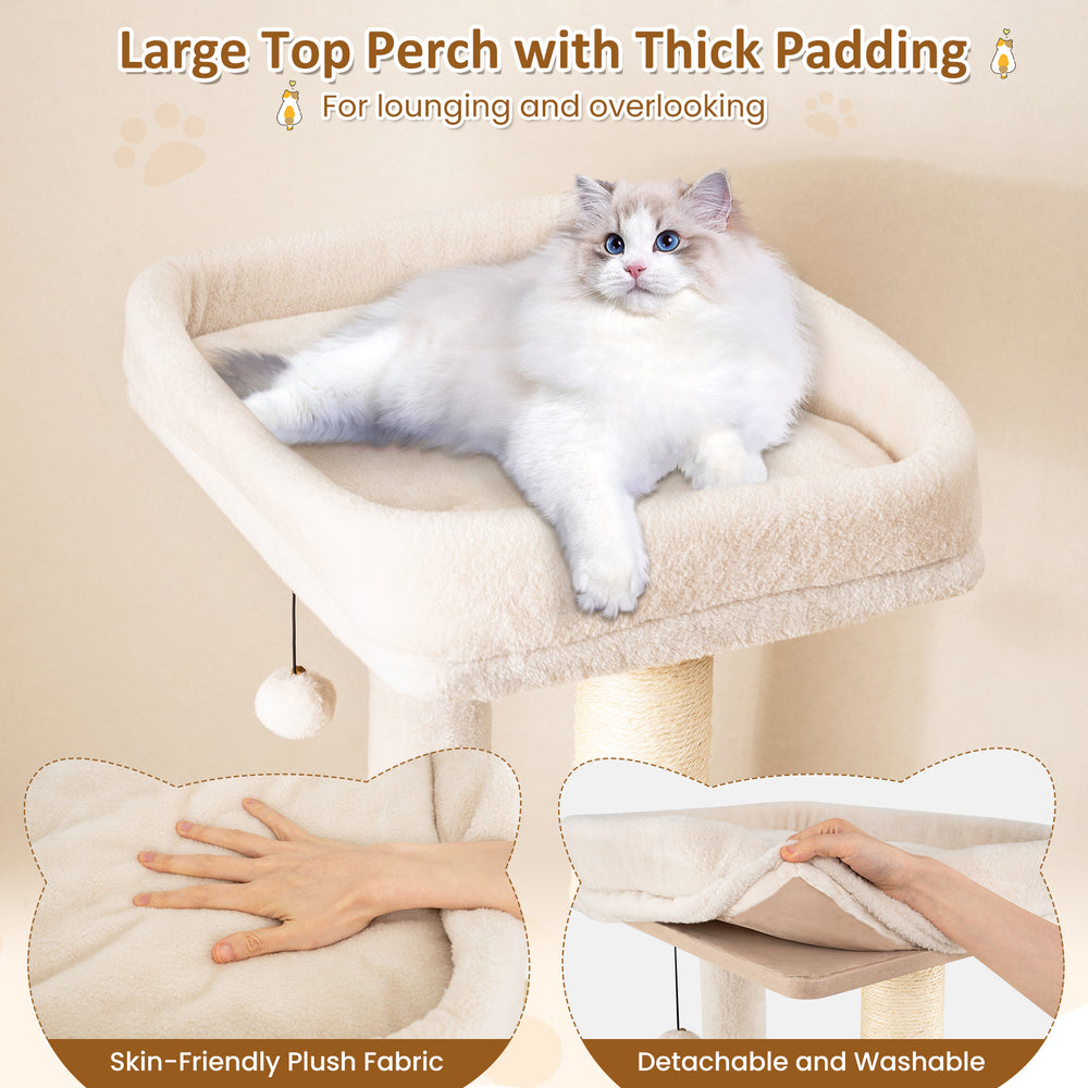 Large padded top perch of a 63-inch wooden cat tree, featuring soft plush fabric for lounging and overlooking.