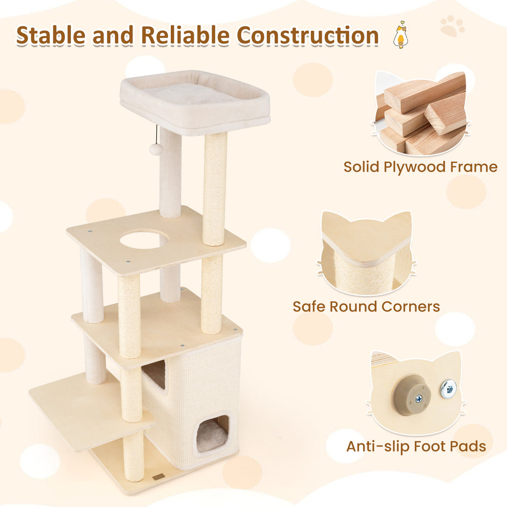 63-inch tall wooden cat tree with 2-story condo, plush padded top perch, and anti-slip foot pads for stability.