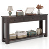 Farmhouse entryway table in espresso with 4 storage drawers and open shelf, perfect for narrow spaces and decor.