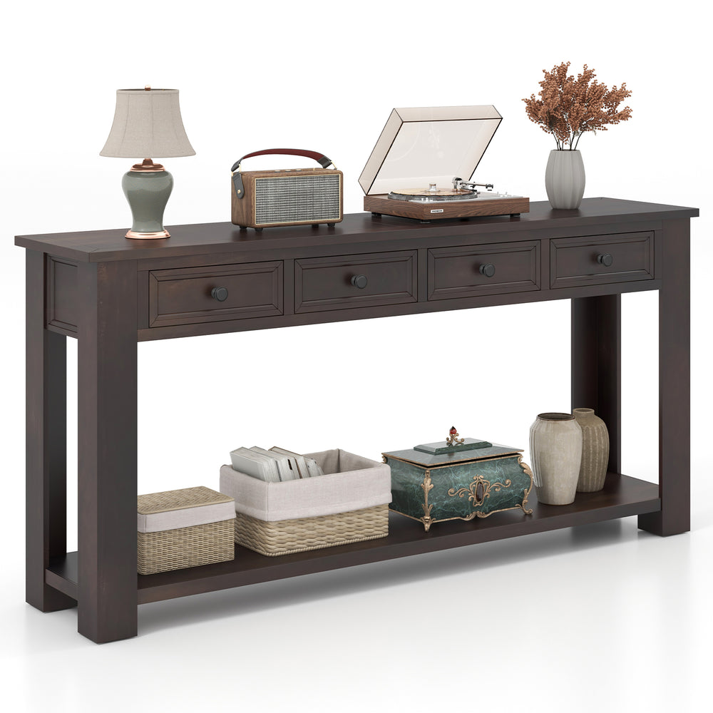 Farmhouse entryway table in espresso with 4 storage drawers and open shelf, perfect for narrow spaces and decor.