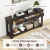 Espresso farmhouse entryway table with 4 storage drawers and open shelf, ideal for decorations and organization.