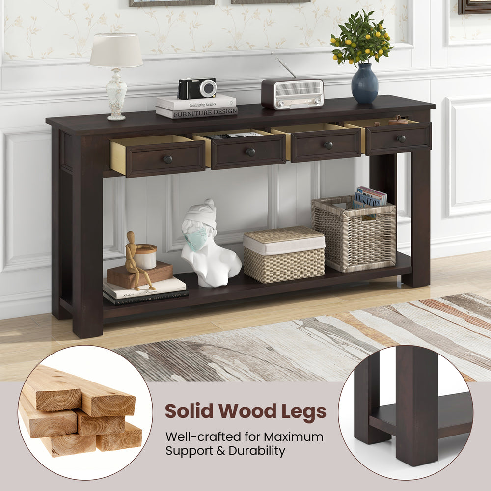Espresso farmhouse entryway table showcasing solid wood legs and sleek finish, designed for durability and easy.