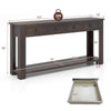 Espresso farmhouse entryway table displaying dimensions and features, including 4 drawers and an open shelf for storage.