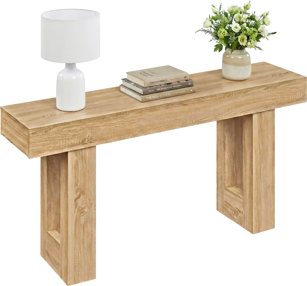 Console table with natural wood grain, 63" long, featuring sturdy legs and ample storage for entryway or hallway use.
