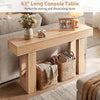 63" long farmhouse console table with natural wood grain, featuring ample storage space for baskets and decor items.