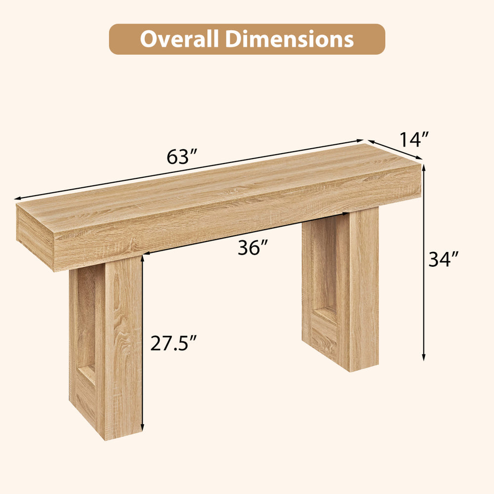 63-inch farmhouse console table dimensions with natural wood grain, ideal for entryway and living room storage.