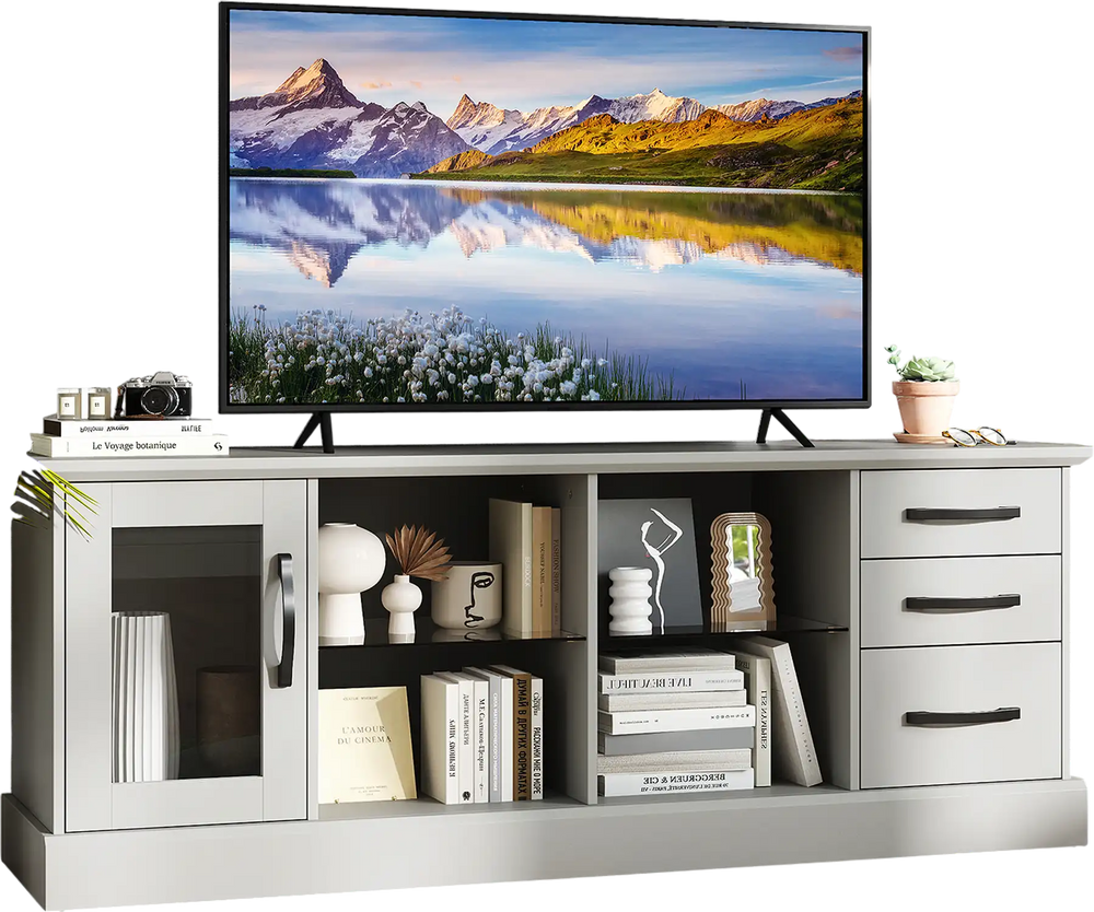 Gray 63-inch media console table with 3 drawers and 2 glass shelves, perfect for organizing TVs and decor in any room.