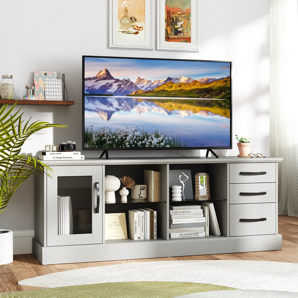 63 Inches Media Console Table with 3 Drawers and 2 Glass Shelves-Gray - Gallery View 1 of 11